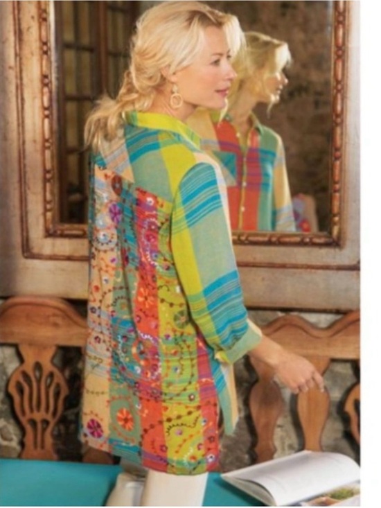 Soft Surroundings Tops - SOFT SURROUNDINGS Spring Summer Bright Heavily Embroidered Plaid Linen Blend